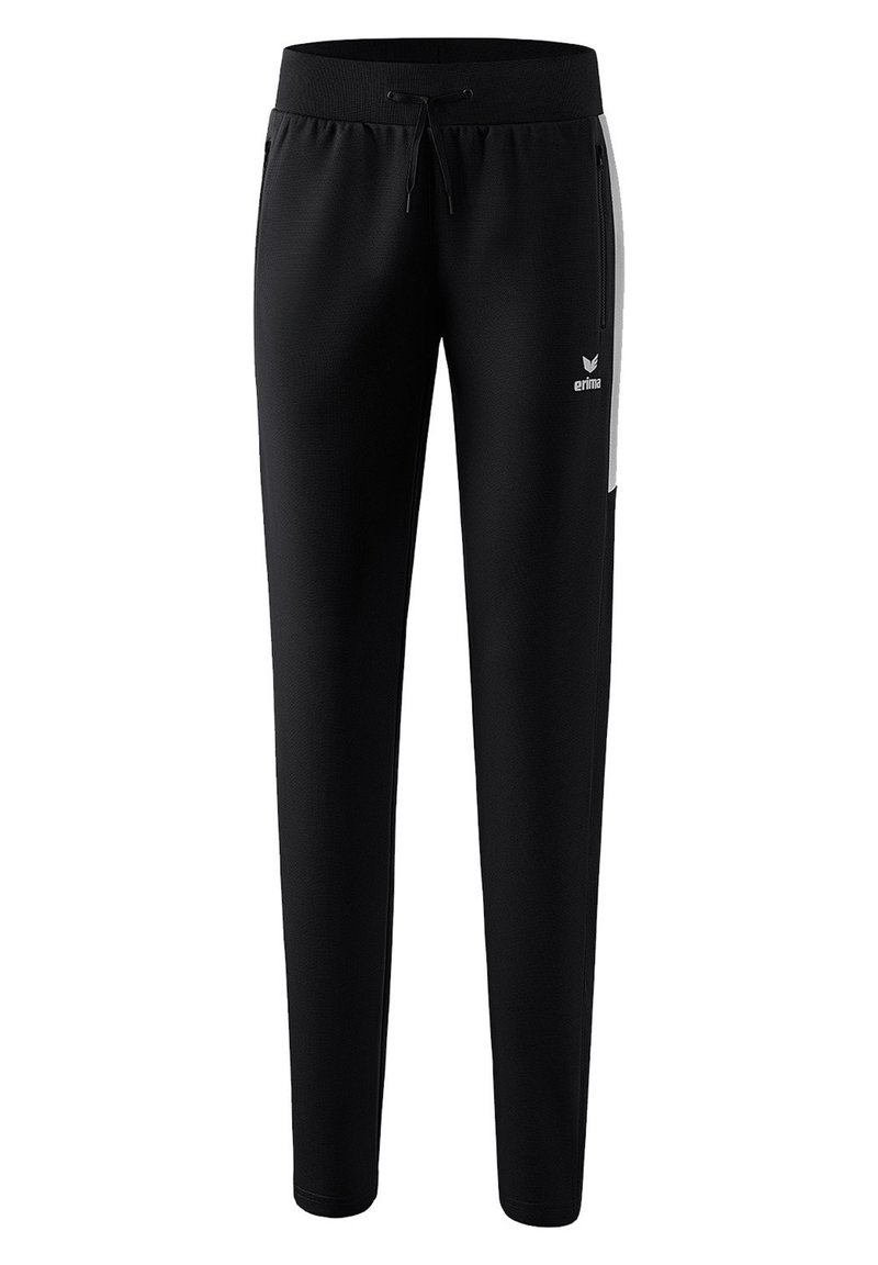 Zwarte joggerbroek van gladde stof, met een elastische tailleband met trekkoord, zijzakken met rits en een witte logodetail.