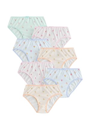 Seitse paari triibulist tüdrukute aluspesu pastelltoonides, igaühel väike lips ja jäätisekoonuse muster.