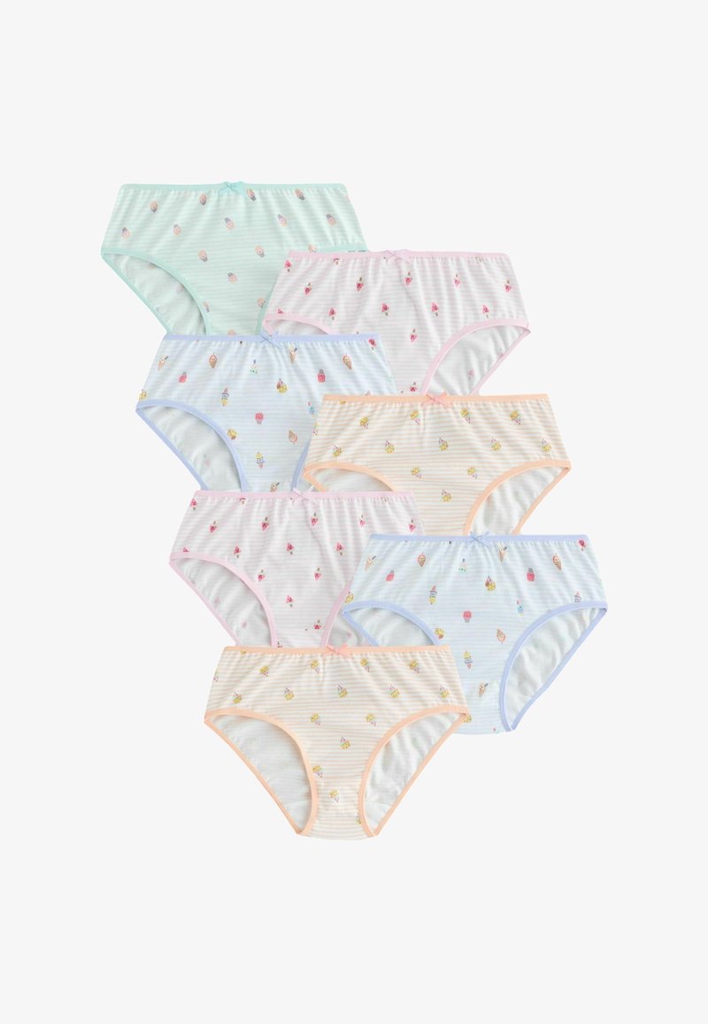 Sept paires de sous-vêtements rayés pour filles en couleurs pastel, chacune avec un petit nœud et un motif cône de glace.