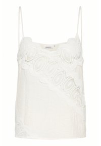 White camisole with thin straps, featuring lace detailing in a decorative oval pattern along the side. Made from a lightweight fabric.