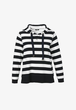 Schwarz-weiß gestreifter Kapuzenpullover mit Kordelzug, langen Ärmeln und strukturiertem Stoff, versehen mit kontrastierenden marineblauen Akzenten.