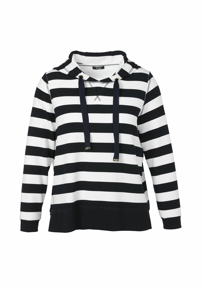 Hoodie rayé noir et blanc avec une capuche à cordon, des manches longues et un tissu texturé, agrémenté d'accents contrastants en bleu marine.