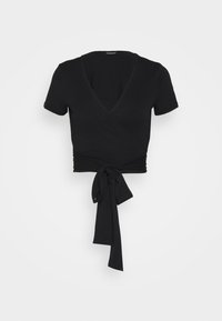 Haut cache-cœur noir à manches courtes avec col en V et longues attaches nouées à la taille, affiché sur un fond blanc.