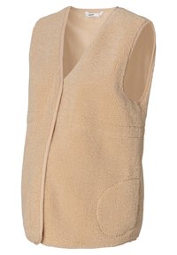 Beige ärmellose Weste aus plüschigem Fleece mit einer weichen Innenseite, V-Ausschnitt, Fronttasche und glatter Einfassung.