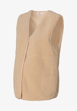 Gilet sans manches beige en polaire doux avec doublure intérieure douce, possédant un col en V, une poche avant et des bordures lisses.