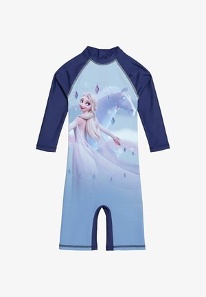 Costume da bagno a maniche lunghe azzurro e celeste con una grafica di una donna sorridente con un vestito fluttuante e un cavallo bianco mistico.