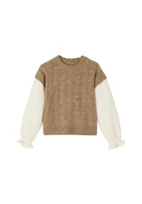 Brauner Strickpullover mit strukturiertem Muster, kurzen Ärmeln und cremefarbenen, gefütterten Ärmeln. Rippkragen und Saum.