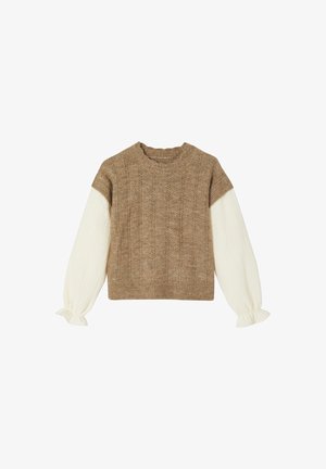 Brown knitted sweater with textured pattern, short sleeves, and cream-colored, puffed fabric sleeves. Ribbed neckline and bottom hem.