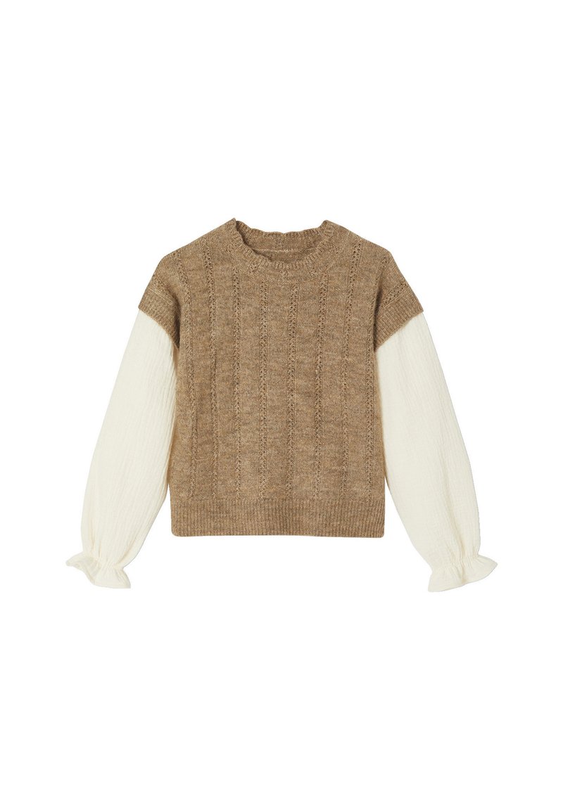 Brauner Strickpullover mit strukturiertem Muster, kurzen Ärmeln und cremefarbenen, gefütterten Ärmeln. Rippkragen und Saum.