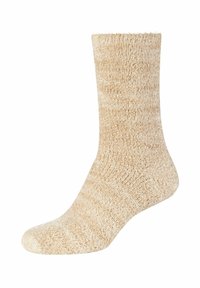 Beige, fuzzy sok lavet af et tekstureret stof. Den har en ribbet manchet, en ensfarvet overflade og en rund tådesign.