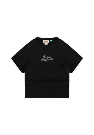 Zwarte cropped T-shirt met korte mouwen, met "Guess Originals" in strasssteentjes op de voorkant, gemaakt van zachte stof met een gladde textuur.