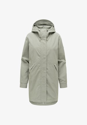 Hellgraue, lange Kapuzenjacke mit Frontreißverschluss und zwei Seitentaschen, entworfen für kaltes oder regnerisches Wetter.