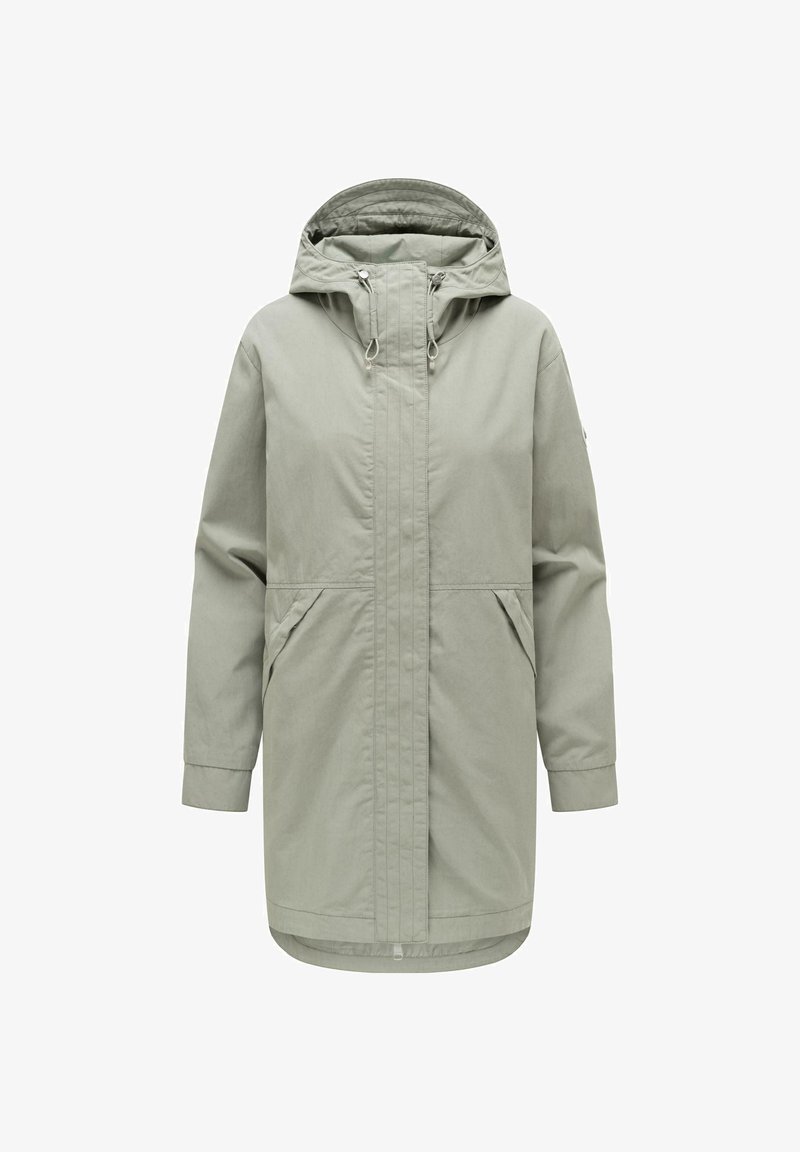 Hellgraue, lange Kapuzenjacke mit Frontreißverschluss und zwei Seitentaschen, entworfen für kaltes oder regnerisches Wetter.