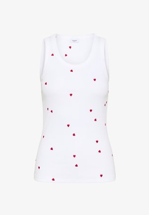 Bílý top bez rukávů vyrobený z žebrované bavlny, zdobený náhodně rozmístěnými výšivkami červených srdcí. Má kulatý výstřih.