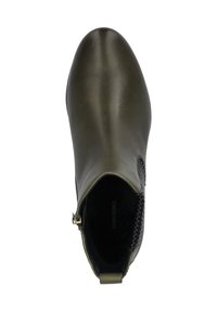 Olijfgroene enkellaars met een glad leren bovenwerk, elastische zijpaneel en een gouden rits. Stevig ontwerp met een ronde neusvorm.