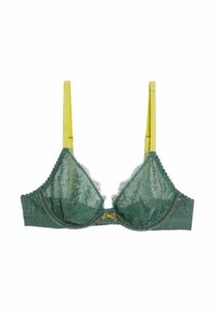 Zielony koronkowy stanik z ozdobnymi żółtymi paskami i kokardką na środku. Posiada teksturowaną koronkę i falbany na brzegach.