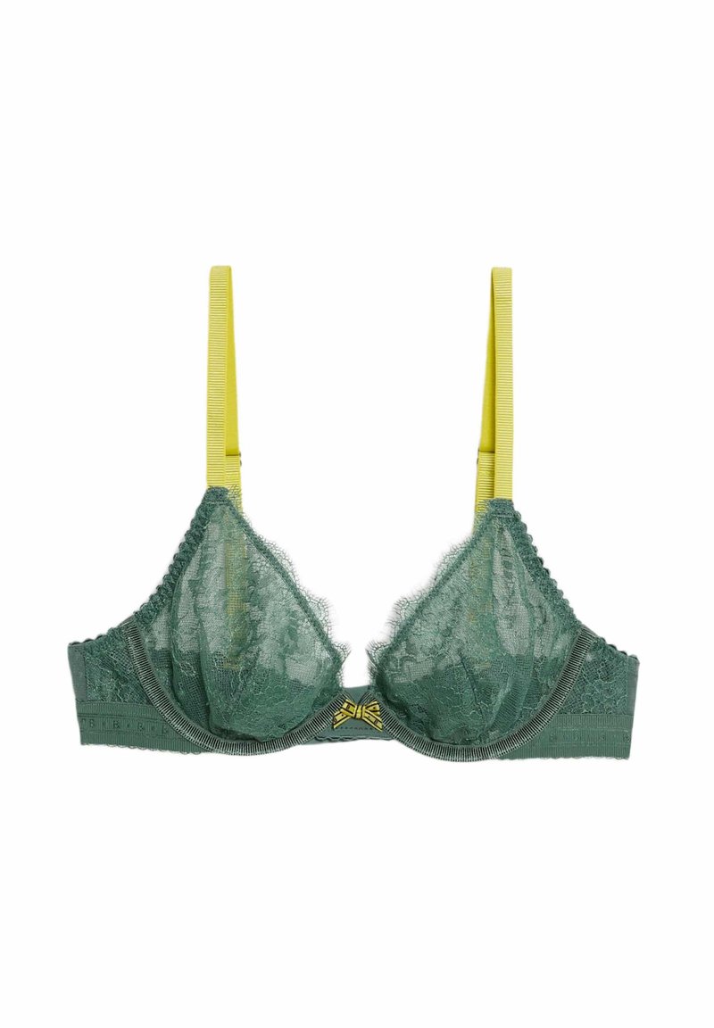 Zielony koronkowy stanik z ozdobnymi żółtymi paskami i kokardką na środku. Posiada teksturowaną koronkę i falbany na brzegach.