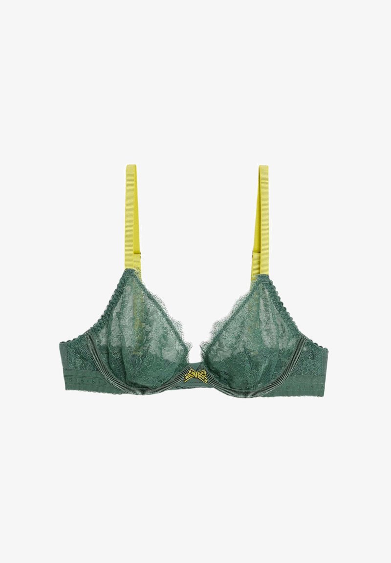 Zielony koronkowy stanik z ozdobnymi żółtymi paskami i kokardką na środku. Posiada teksturowaną koronkę i falbany na brzegach.