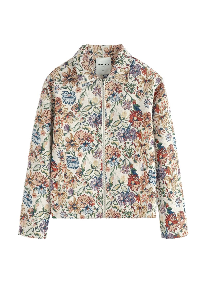 Veste zippée à manches longues ornée d'un motif floral multicolore sur fond clair et dotée d'un petit col.