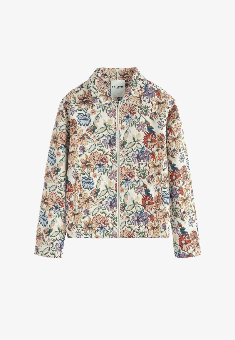 Veste zippée à manches longues ornée d'un motif floral multicolore sur fond clair et dotée d'un petit col.