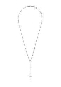 Zilveren ketting met een verticale kruispendant, met kleine, gelijkmatig verdeelde kralen langs de ketting, wat een verfijnd ontwerp creëert.