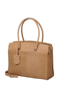 Beige leren handtas met een gestructureerd krokodillenpatroon, dubbele handgrepen bovenaan, afneembare schouderriem en merklogo aan de voorkant.