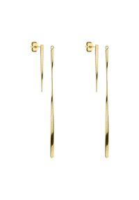 Goudkleurige oorbellen met twee langwerpige, gestructureerde stangen met een spiraalontwerp. Veilige sluiting met vlinderoortjes.