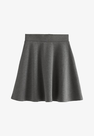 Grauer, aus einem weichen, strukturierten Stoff gefertigter, ausgestellter Rock. Verfügt über einen breiten Bund und endet oberhalb des Knies in einer A-Linie.