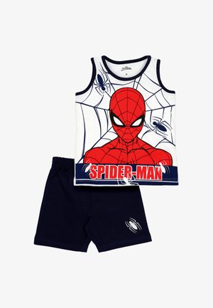Tweedelig kinderoutfit met een mouwloos Spider-Man shirt met een rood masker, webdesign, en donkerblauwe korte broek met wit spinnenlogo.