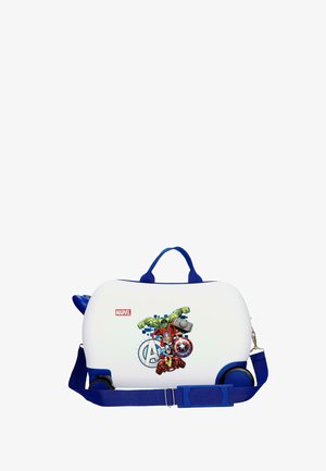 Maleta blanca para niños con asa y correa azul, con los personajes de Marvel Avengers Hulk, Thor, Capitán América y Iron Man.