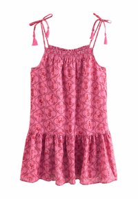 Robe sans manches rose avec des bretelles à nouer ajustables, présentant un ourlet froncé et un motif de homards rouges dans des cercles ornés.