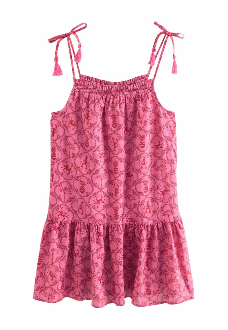 Robe sans manches rose avec des bretelles à nouer ajustables, présentant un ourlet froncé et un motif de homards rouges dans des cercles ornés.