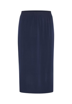 Tmavomodrá sukňa po kolená vyrobená z hladkej, elastickej tkaniny s elastickým pásom. Jednoduchý dizajn, bez viditeľných vzorov či akcentov.