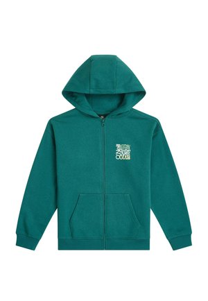 Turkusowa bluza z kapturem na zamek błyskawiczny, z przednią kieszenią, kapturem i teksturowaną tkaniną. Na górnej lewej stronie znajduje się nadrukowane logo.