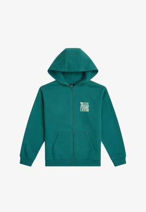 Tyrkio spalvos džemperis su užtrauktuku priekyje, priekiu kišene, gaubtu ir tekstūruota medžiaga. Viršutiniame kairiajame kampe yra atspaustas logotipas.