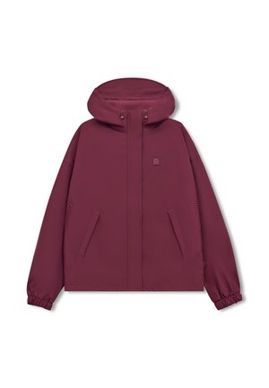 Bordeauxrode capuchonjas met rits en klep aan de voorkant, elastische manchetten, twee schuine zijzakken en een klein vierkant logo op de borst.