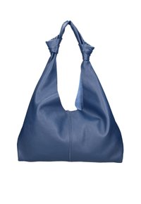 Blauwe leren handtas met een geknoopt handvat. Zachte textuur en slappe vorm, met een naad in het midden en geen zichtbare metalen onderdelen.