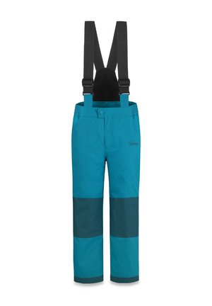 Outdoor-Hosen in Türkis und Dunkelgrau mit verstellbaren schwarzen Hosenträgern, elastischem Bund und kontrastierenden Stoffeinsätzen an den Unterschenkeln.