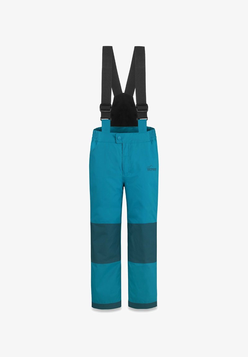 Outdoor-Hosen in Türkis und Dunkelgrau mit verstellbaren schwarzen Hosenträgern, elastischem Bund und kontrastierenden Stoffeinsätzen an den Unterschenkeln.