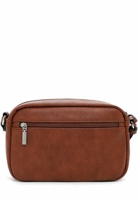 Brown leather crossbody bag with a smooth texture, rectangular shape, front zip pocket, and adjustable strap. Minimalistic design.