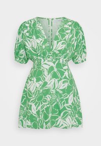 Krátké zelené šaty s květinovým vzorem, s hlubokým výstřihem do V, nabíranými rukávy a elastickým pasem. Texturovaný materiál.