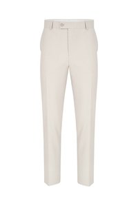 Jasnobeżowe spodnie o dopasowanym kroju z płaskim przodem, pojedynczym zapięciem na guzik oraz prostymi nogawkami. Tkanina ma gładką, subtelną fakturę.