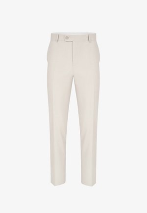 Jasnobeżowe spodnie o dopasowanym kroju z płaskim przodem, pojedynczym zapięciem na guzik oraz prostymi nogawkami. Tkanina ma gładką, subtelną fakturę.