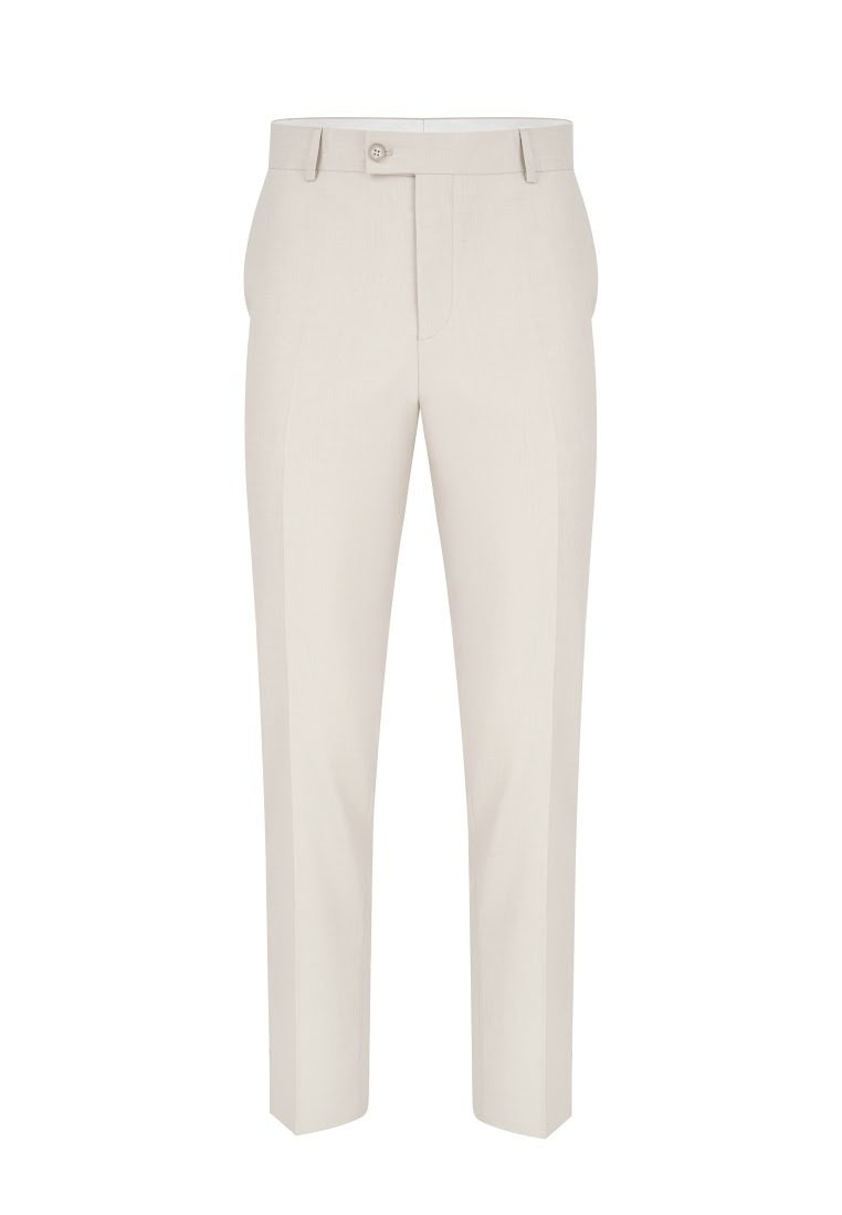 Jasnobeżowe spodnie o dopasowanym kroju z płaskim przodem, pojedynczym zapięciem na guzik oraz prostymi nogawkami. Tkanina ma gładką, subtelną fakturę.