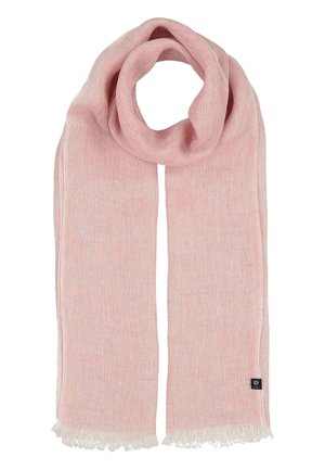 Soft pink woven scarf with fringed edges and a small black brand tag on one side, displayed flat with one end looped.