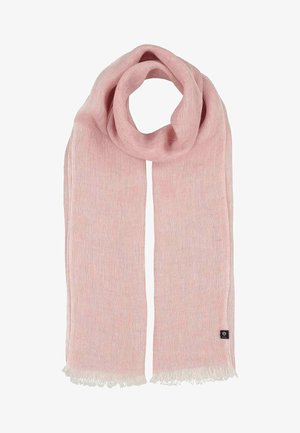 Weicher, rosa gewebter Schal mit fransigen Kanten und einem kleinen schwarzen Markenzeichen auf einer Seite, flach ausgelegt mit einem Ende geschlungen.