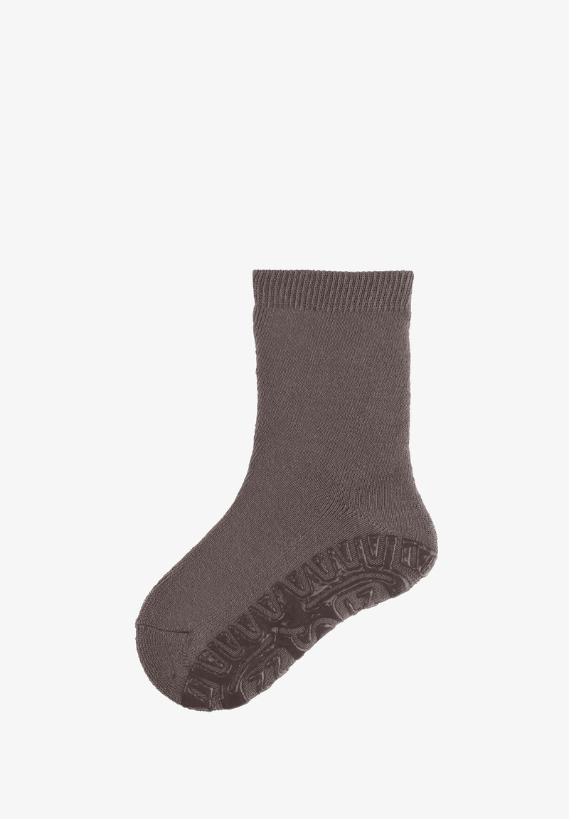 Braune Knöchelsocke mit strukturiertem, rutschfestem Grip-Muster auf der Sohle, entworfen für Sicherheit und Komfort.