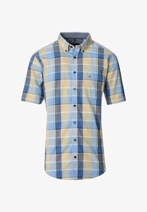 Kurzärmliges Hemd mit Knopfleiste im mehrfarbigen Karomuster mit Blau-, Gelb- und Grautönen, einer Brusttasche und abgerundetem Saum.