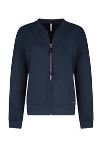 Marineblaue Zip-Hoodie aus weichem Stoff, mit geripptem Saum, Seitentaschen und einem dekorativen Band am Reißverschluss.