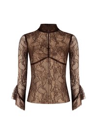 Top in pizzo marrone con collo alto, maniche lunghe e polsini svasati. Il pizzo presenta un motivo floreale con dettagli intricati.